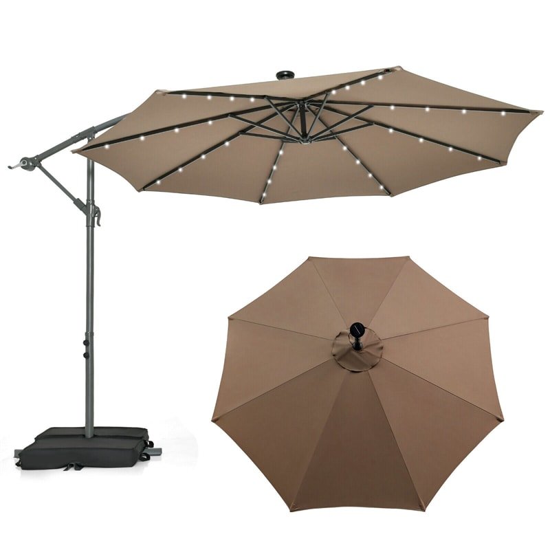 10FT Outdoor Hanging Cantilever Umbrella Offset Patio Umbrella with 32 LED Lights, Solar Panel Battery & Sand Bag - Soothe Seating