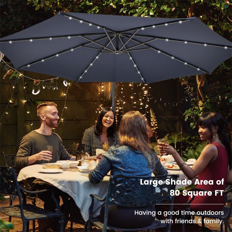 10FT Outdoor Hanging Cantilever Umbrella Offset Patio Umbrella with 32 LED Lights, Solar Panel Battery & Sand Bag - Soothe Seating