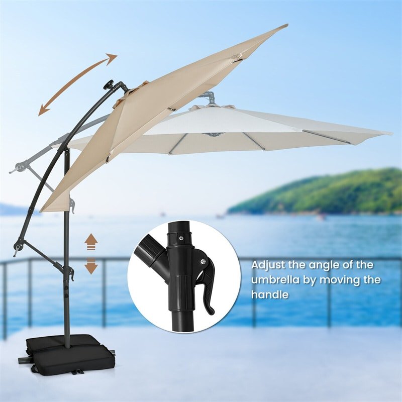 10FT Outdoor Hanging Cantilever Umbrella Offset Patio Umbrella with 32 LED Lights, Solar Panel Battery & Sand Bag - Soothe Seating