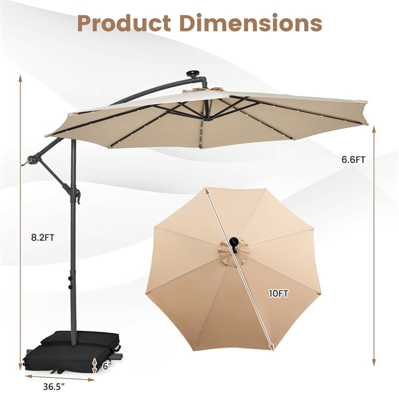 10FT Outdoor Hanging Cantilever Umbrella Offset Patio Umbrella with 32 LED Lights, Solar Panel Battery & Sand Bag - Soothe Seating