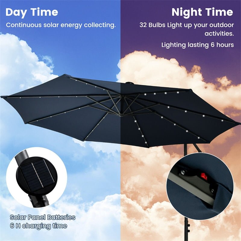 10FT Outdoor Hanging Cantilever Umbrella Offset Patio Umbrella with 32 LED Lights, Solar Panel Battery & Sand Bag - Soothe Seating