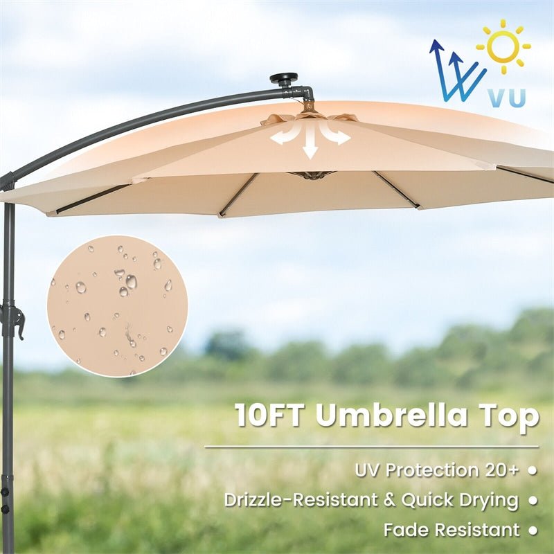 10FT Outdoor Hanging Cantilever Umbrella Offset Patio Umbrella with 32 LED Lights, Solar Panel Battery & Sand Bag - Soothe Seating