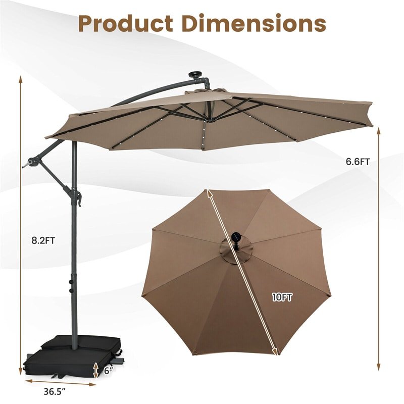 10FT Outdoor Hanging Cantilever Umbrella Offset Patio Umbrella with 32 LED Lights, Solar Panel Battery & Sand Bag - Soothe Seating