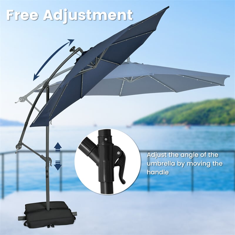 10FT Outdoor Hanging Cantilever Umbrella Offset Patio Umbrella with 32 LED Lights, Solar Panel Battery & Sand Bag - Soothe Seating