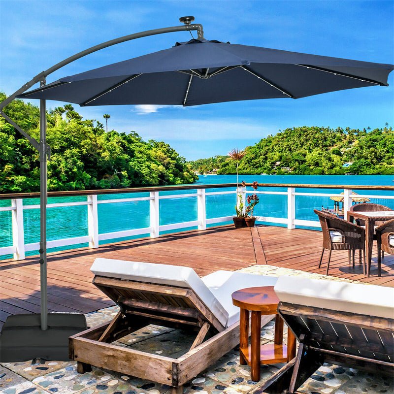 10FT Outdoor Hanging Cantilever Umbrella Offset Patio Umbrella with 32 LED Lights, Solar Panel Battery & Sand Bag - Soothe Seating