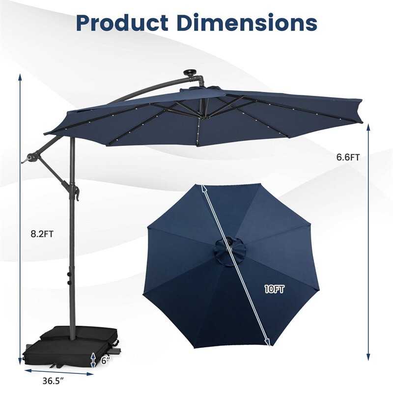 10FT Outdoor Hanging Cantilever Umbrella Offset Patio Umbrella with 32 LED Lights, Solar Panel Battery & Sand Bag - Soothe Seating