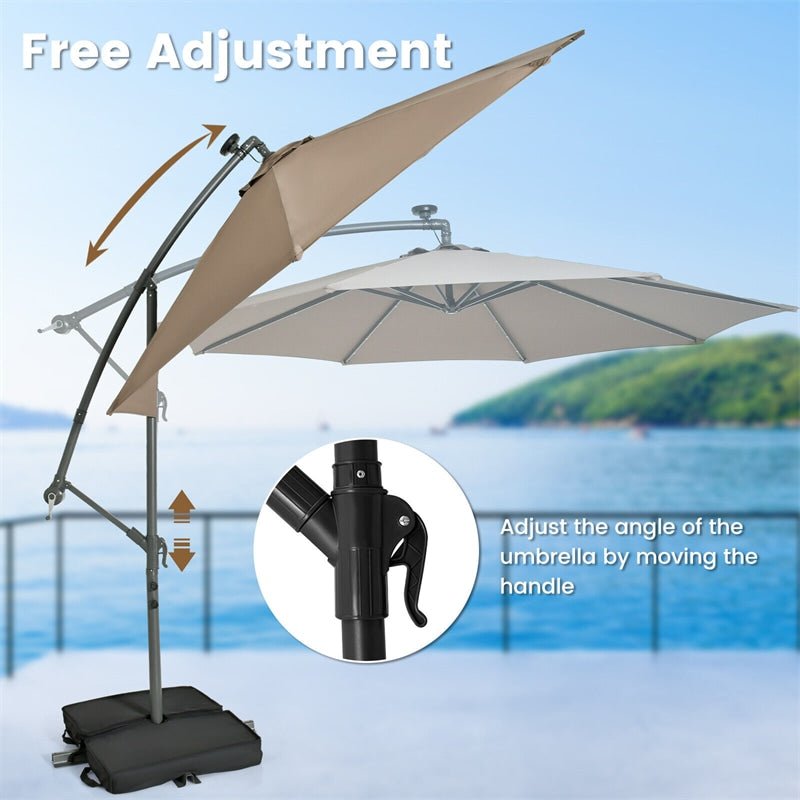 10FT Outdoor Hanging Cantilever Umbrella Offset Patio Umbrella with 32 LED Lights, Solar Panel Battery & Sand Bag - Soothe Seating