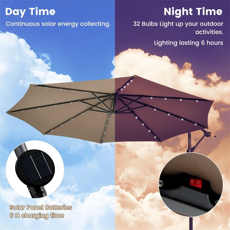 10FT Outdoor Hanging Cantilever Umbrella Offset Patio Umbrella with 32 LED Lights, Solar Panel Battery & Sand Bag - Soothe Seating