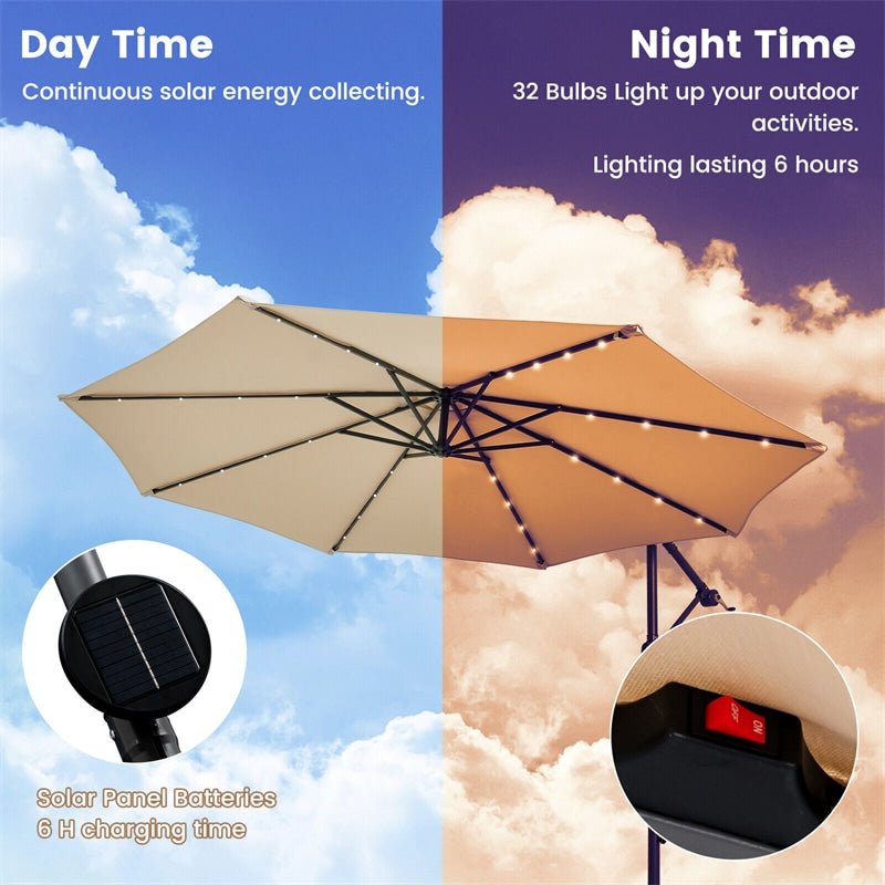 10FT Outdoor Hanging Cantilever Umbrella Offset Patio Umbrella with 32 LED Lights, Solar Panel Battery & Sand Bag - Soothe Seating