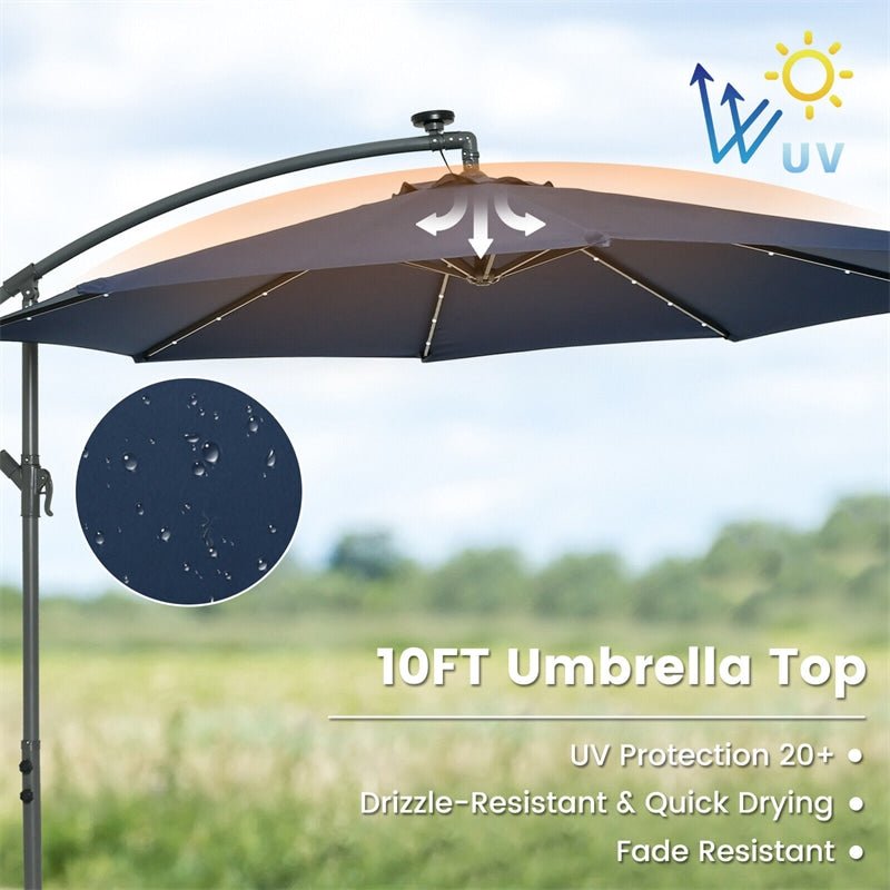 10FT Outdoor Hanging Cantilever Umbrella Offset Patio Umbrella with 32 LED Lights, Solar Panel Battery & Sand Bag - Soothe Seating