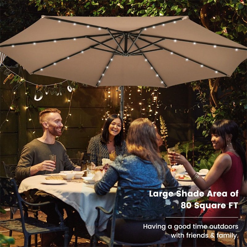 10FT Outdoor Hanging Cantilever Umbrella Offset Patio Umbrella with 32 LED Lights, Solar Panel Battery & Sand Bag - Soothe Seating