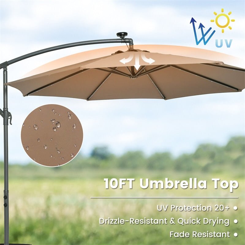 10FT Outdoor Hanging Cantilever Umbrella Offset Patio Umbrella with 32 LED Lights, Solar Panel Battery & Sand Bag - Soothe Seating