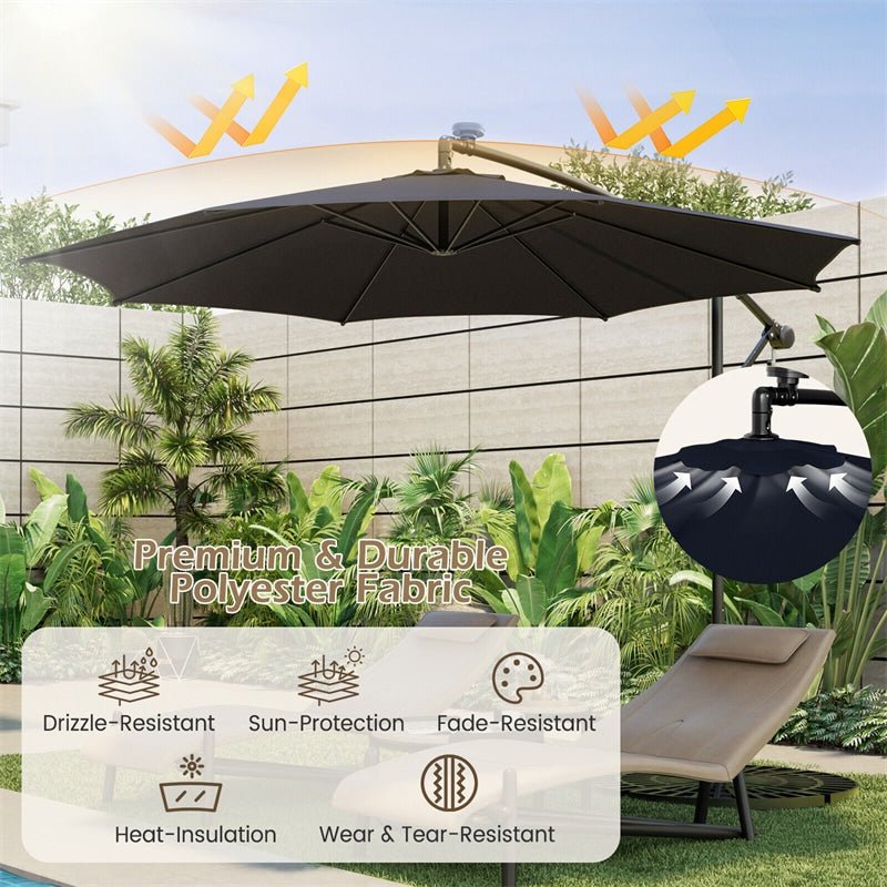 10FT Solar Lighted Cantilever Umbrella Offset Patio Umbrella with 112 Solar Lights 8 Ribs Adjustable Crank Tilt - Soothe Seating
