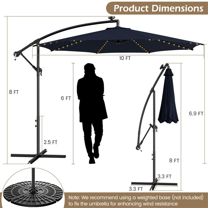 10FT Solar Lighted Cantilever Umbrella Offset Patio Umbrella with 112 Solar Lights 8 Ribs Adjustable Crank Tilt - Soothe Seating