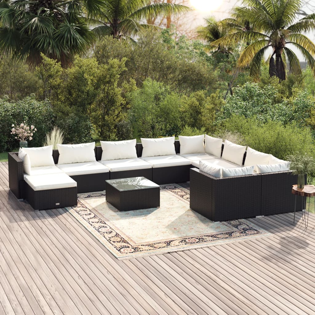 11 Piece Garden Lounge Set with Cushions Poly Rattan Black - Soothe Seating