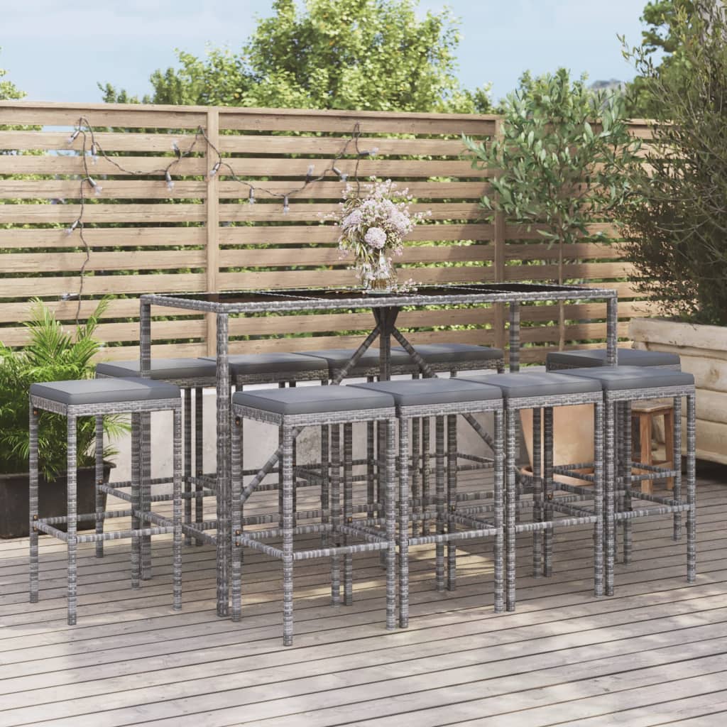 11 Piece Patio Bar Set with Cushions Gray Poly Rattan - Soothe Seating