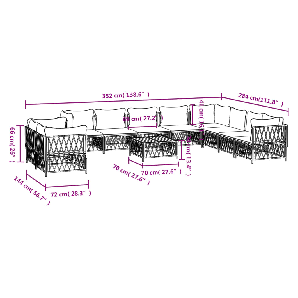 11 Piece Patio Lounge Set with Cushions White Steel - Soothe Seating