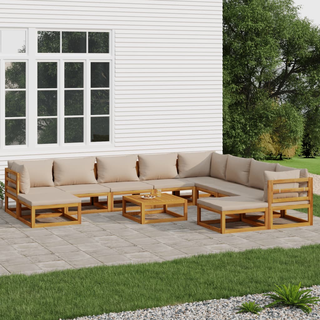 11 Piece Patio Lounge Set with Taupe Cushions Solid Wood - Soothe Seating