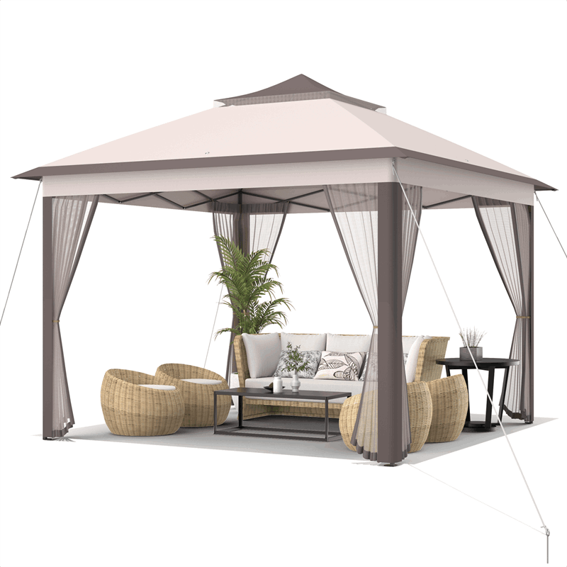11' x 11' 2-Tier Patio Pop Up Gazebo Tent Portable Canopy Shelter with Mesh Netting & Carrying Bag - Soothe Seating