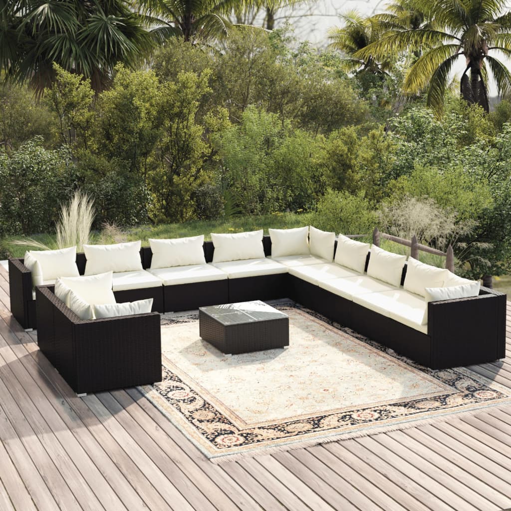 12 Piece Garden Lounge Set with Cushions Black Poly Rattan - Soothe Seating