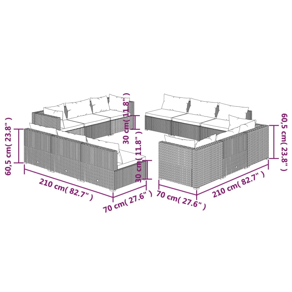 12 Piece Patio Lounge Set with Cushions Poly Rattan Brown - Soothe Seating