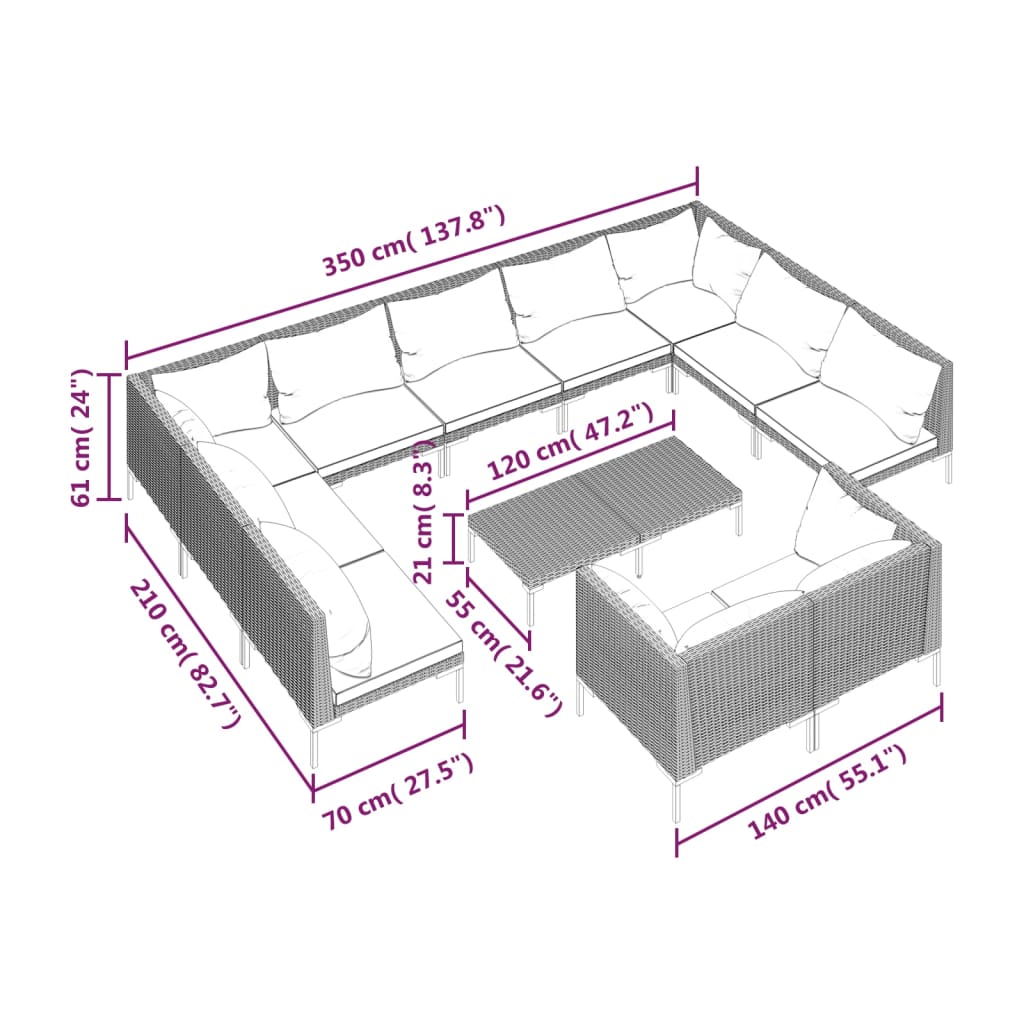 12 Piece Patio Lounge Set with Cushions Poly Rattan Dark Gray - Soothe Seating