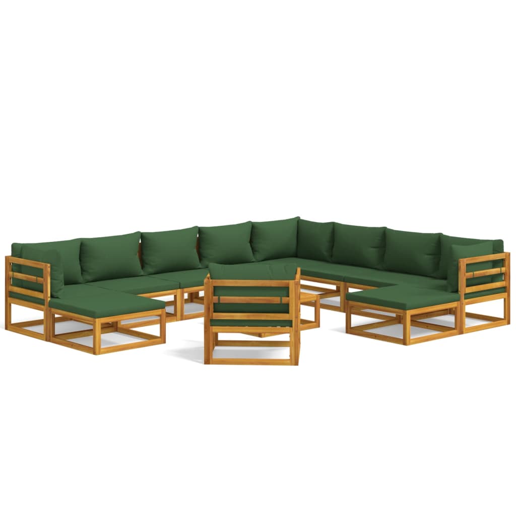 12 Piece Patio Lounge Set with Green Cushions Solid Wood - Soothe Seating