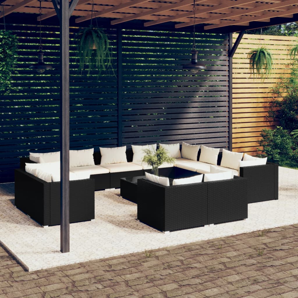 13 Piece Garden Lounge Set with Cushions Black Poly Rattan - Soothe Seating