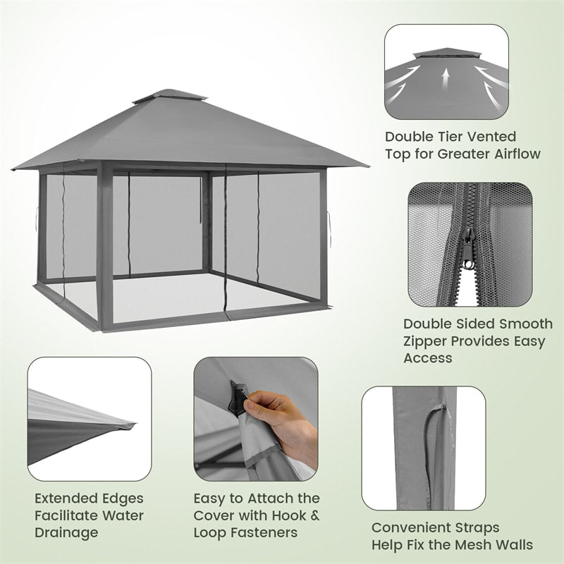 13 x 13FT Patio Pop-Up Gazebo 2-Tier Outdoor Instant Canopy Tent with UV50+ Mesh Sidewalls & Wheeled Bag - Soothe Seating