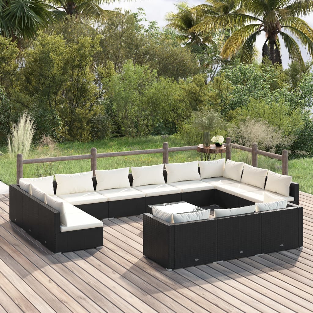 14 Piece Patio Lounge Set with Cushions Black Poly Rattan - Soothe Seating