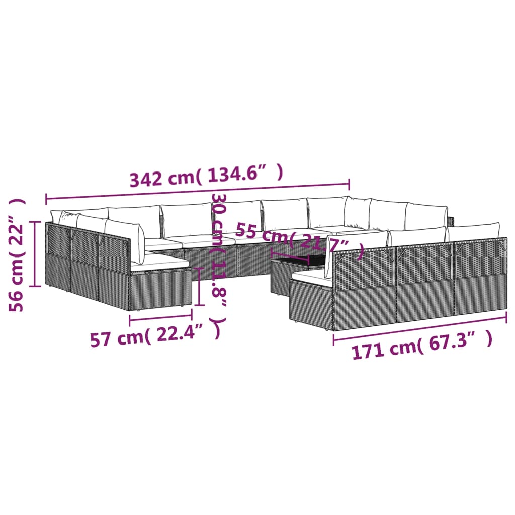 14 Piece Patio Lounge Set with Cushions Gray Poly Rattan - Soothe Seating