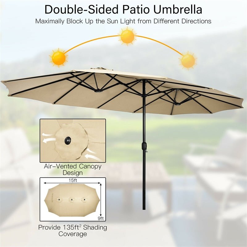 15 FT Double-Sided Twin Patio Umbrella with Umbrella Base for Backyard - Soothe Seating