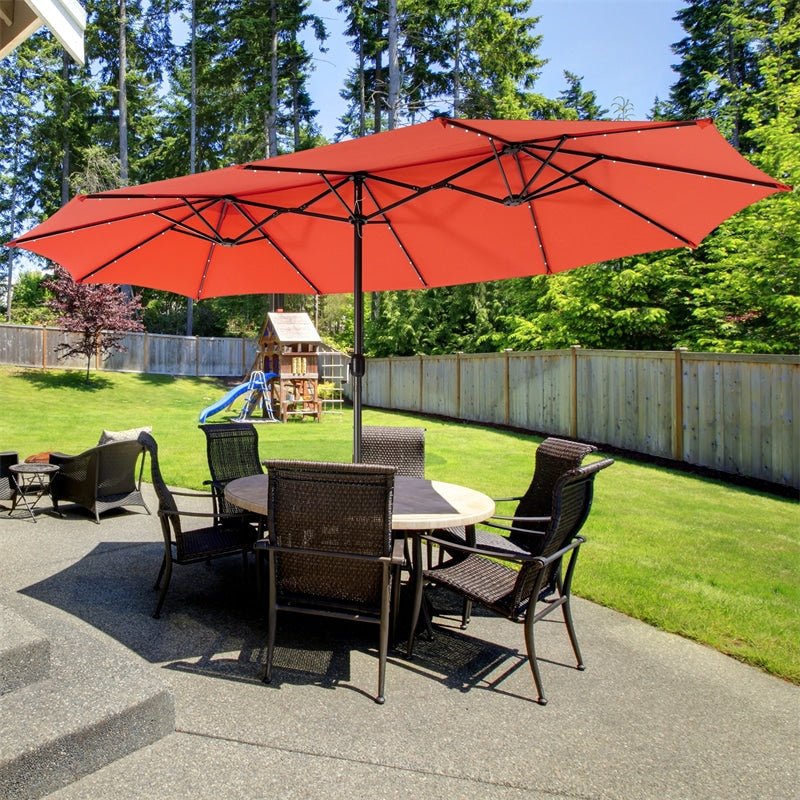 15 FT Outdoor Double-Sided Patio Umbrella with 48 Solar LED Lights & Umbrella Base - Soothe Seating