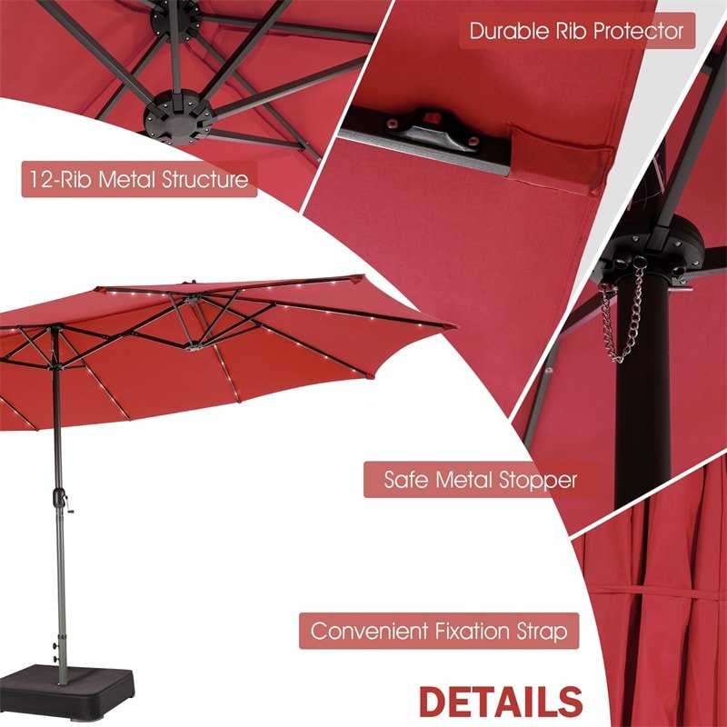 15 FT Outdoor Double-Sided Patio Umbrella with 48 Solar LED Lights & Umbrella Base - Soothe Seating