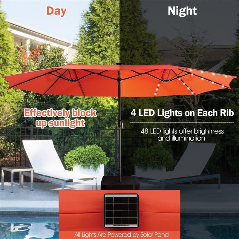 15 FT Outdoor Double-Sided Patio Umbrella with 48 Solar LED Lights & Umbrella Base - Soothe Seating