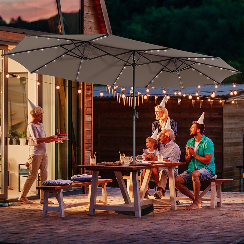 15 FT Outdoor Double-Sided Patio Umbrella with 48 Solar LED Lights & Umbrella Base - Soothe Seating