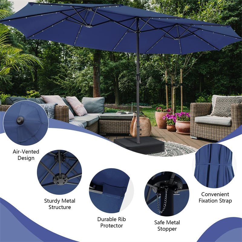 15 FT Outdoor Double-Sided Patio Umbrella with 48 Solar LED Lights & Umbrella Base - Soothe Seating