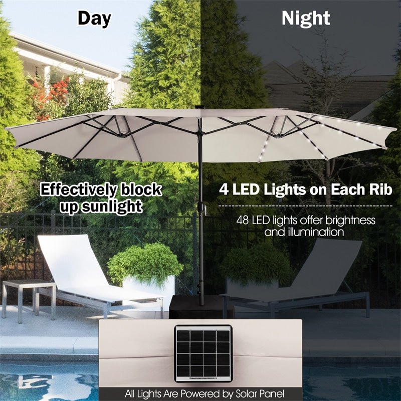 15 FT Outdoor Double-Sided Patio Umbrella with 48 Solar LED Lights & Umbrella Base - Soothe Seating