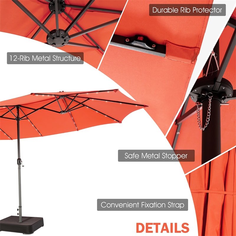 15 FT Outdoor Double-Sided Patio Umbrella with 48 Solar LED Lights & Umbrella Base - Soothe Seating