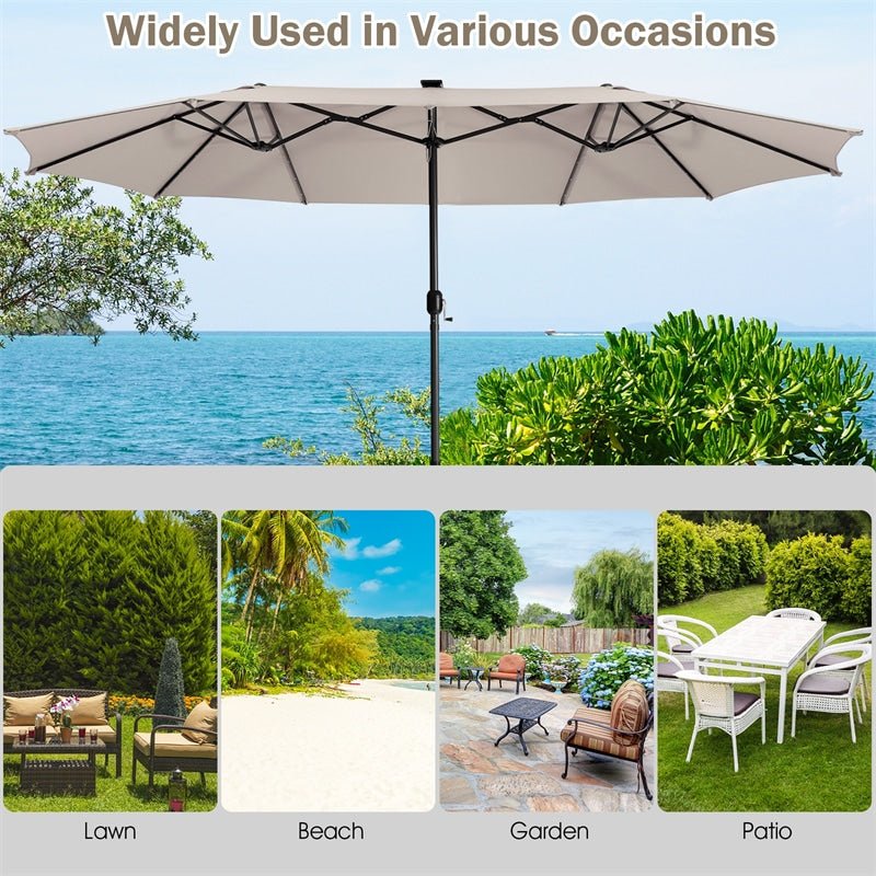 15 FT Outdoor Double-Sided Patio Umbrella with 48 Solar LED Lights & Umbrella Base - Soothe Seating