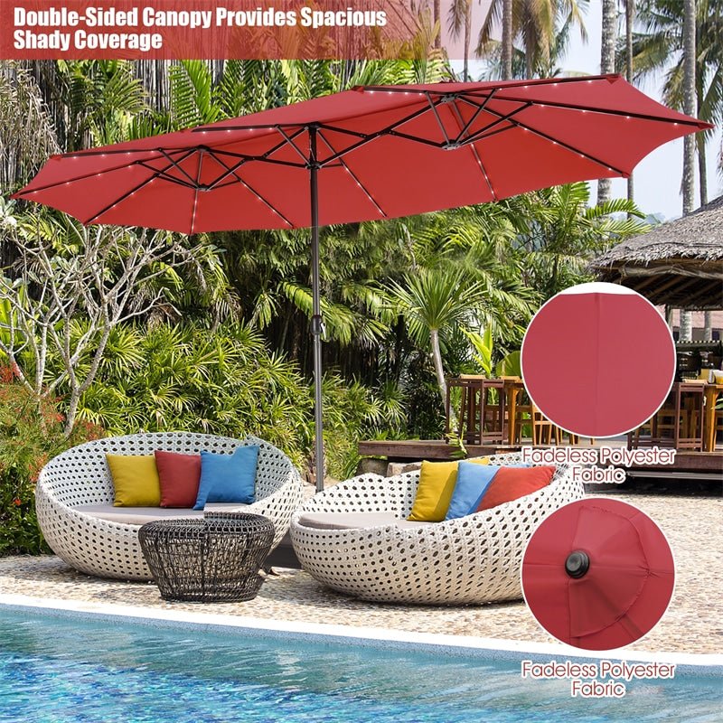 15 FT Outdoor Double-Sided Patio Umbrella with 48 Solar LED Lights & Umbrella Base - Soothe Seating