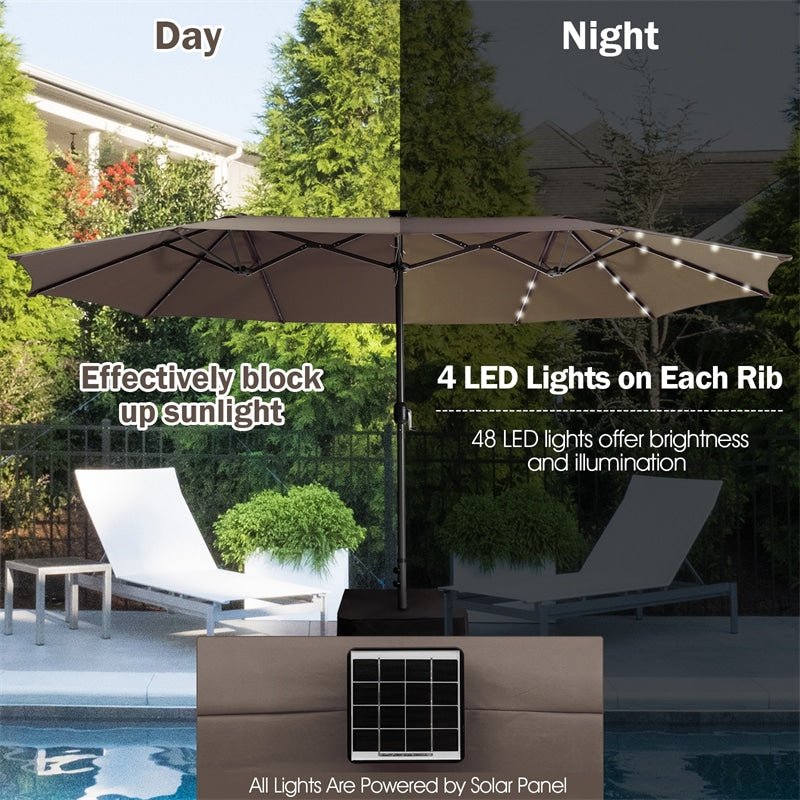 15 FT Outdoor Double-Sided Patio Umbrella with 48 Solar LED Lights & Umbrella Base - Soothe Seating