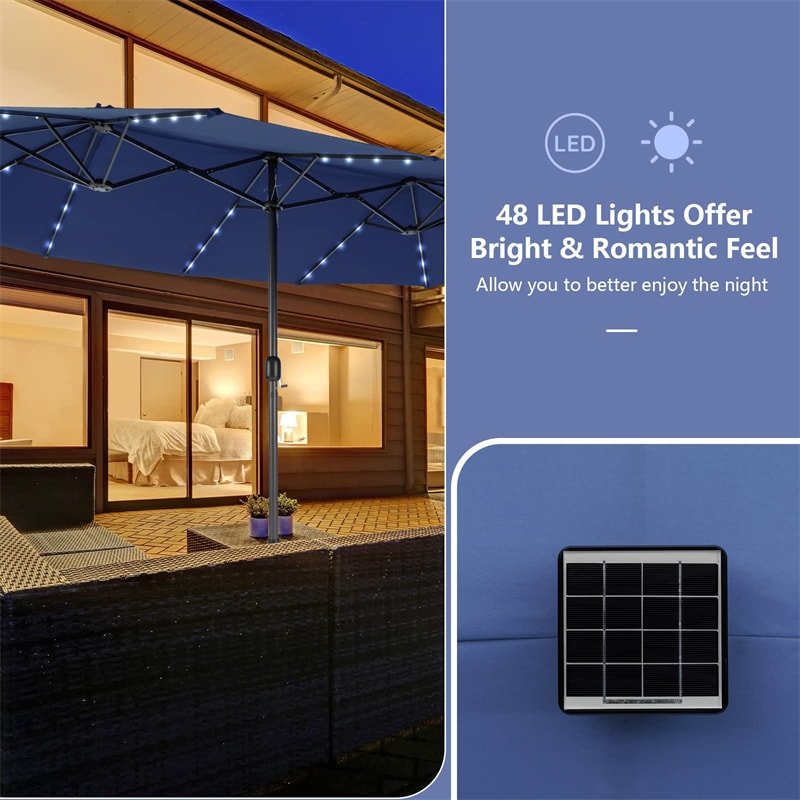 15 FT Outdoor Double-Sided Patio Umbrella with 48 Solar LED Lights & Umbrella Base - Soothe Seating