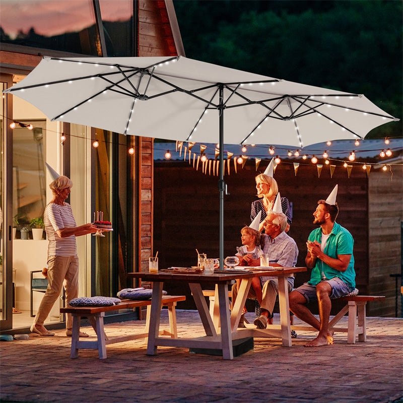 15 FT Outdoor Double-Sided Patio Umbrella with 48 Solar LED Lights & Umbrella Base - Soothe Seating