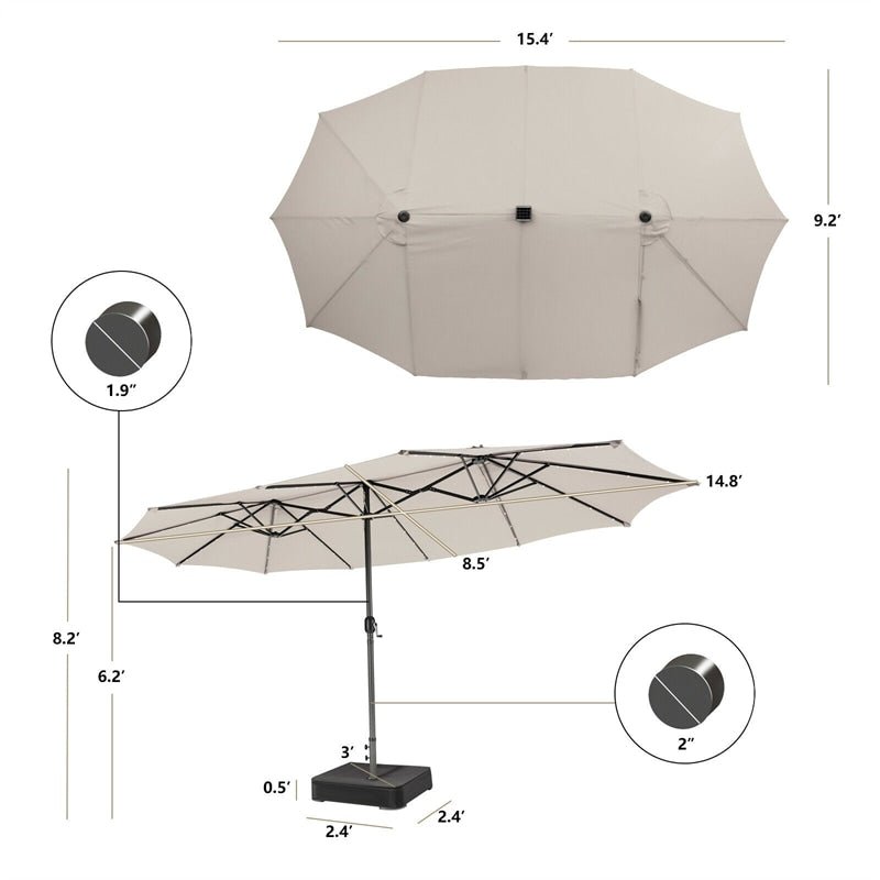 15 FT Outdoor Double-Sided Patio Umbrella with 48 Solar LED Lights & Umbrella Base - Soothe Seating