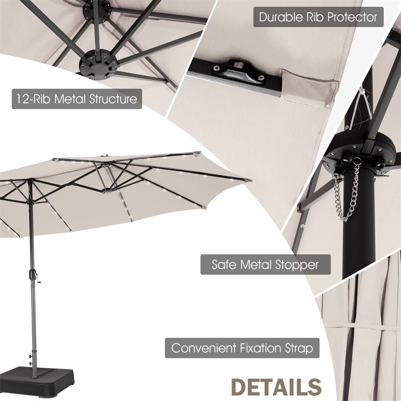 15 FT Outdoor Double-Sided Patio Umbrella with 48 Solar LED Lights & Umbrella Base - Soothe Seating