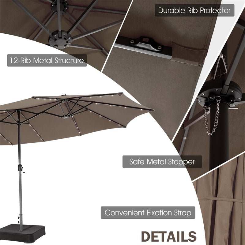 15 FT Outdoor Double-Sided Patio Umbrella with 48 Solar LED Lights & Umbrella Base - Soothe Seating