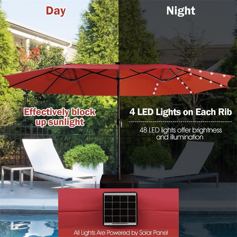 15 FT Outdoor Double-Sided Patio Umbrella with 48 Solar LED Lights & Umbrella Base - Soothe Seating