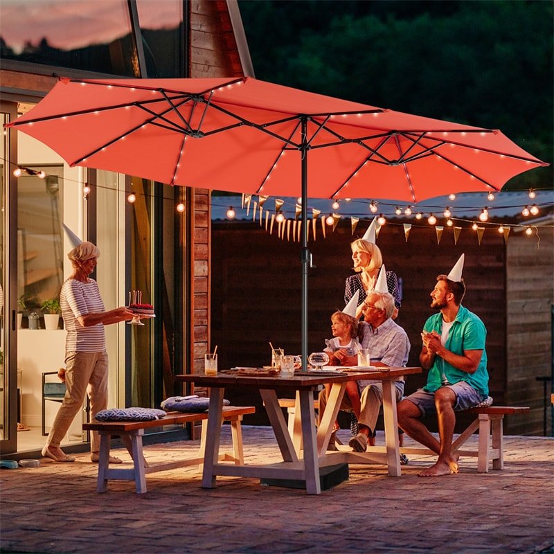 15 FT Outdoor Double-Sided Patio Umbrella with 48 Solar LED Lights & Umbrella Base - Soothe Seating