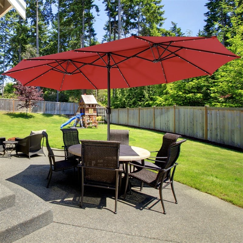 15 FT Outdoor Double-Sided Patio Umbrella with 48 Solar LED Lights & Umbrella Base - Soothe Seating